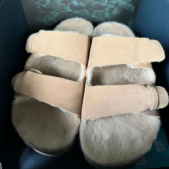 Reef Ojai Ciara 2-Bar Shearling Lined Tan Suede Platform Slides Women’s Size 9 - Picture 3 of 8